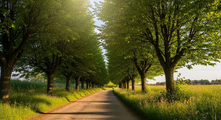 Rural road through the green meadow with trees and blue skyの写真素材