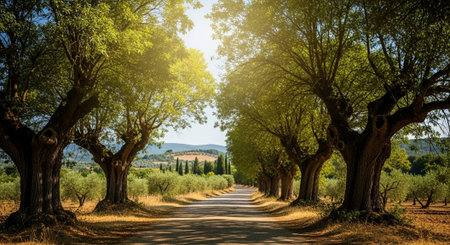 Landscape with avenue of olive trees in Tuscany, Italyの写真素材