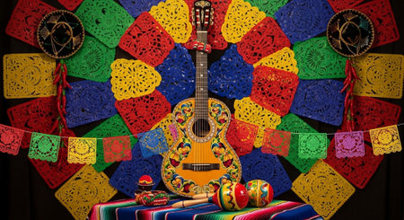 Mexican guitar with maracas on a colorful mandala background.の写真素材