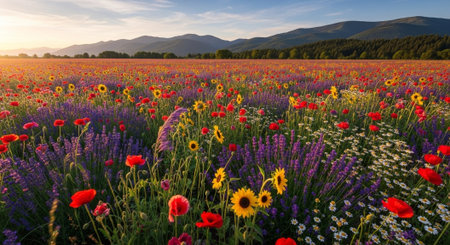 Meadow of blooming poppies and lavender in the mountainsの写真素材