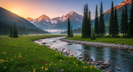 Mountain river with flowers in the foreground and snow-capped peaks in the backgroundの写真素材