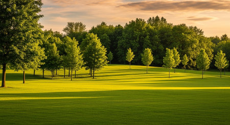 Green grass and trees at sunset in the park. Beautiful nature background.の写真素材
