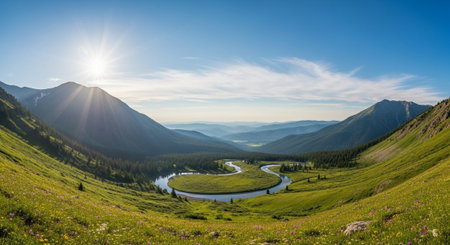 mountain meadow and river in the mountains. panoramic viewの写真素材