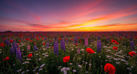 Colorful sunset over a field with poppies and daisiesの写真素材
