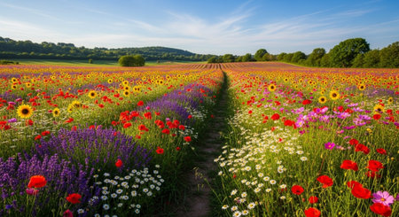 Panoramic view of a field of multicolored blooming flowersの写真素材