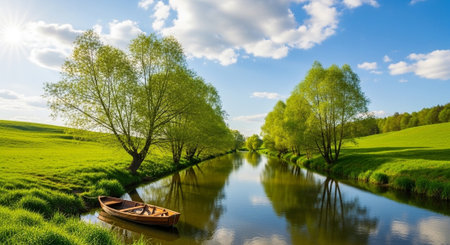 Beautiful spring landscape with a small wooden boat on the river.の写真素材