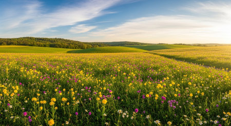 panoramic view of beautiful spring meadow with wildflowersの写真素材