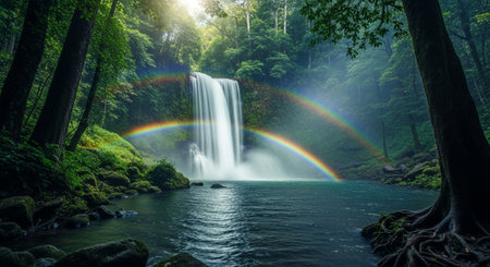 Beautiful waterfall in the forest with rainbow in the rainy season.の写真素材