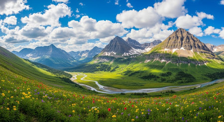 Panoramic view of the beautiful valley in Glacier National Parkの写真素材