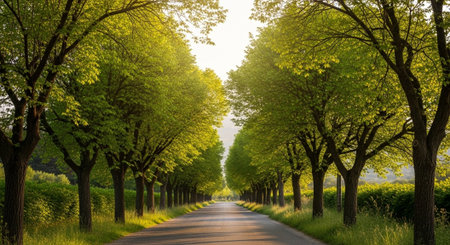 Country road through green trees in the spring. Shot in Bavaria, Germanyの写真素材