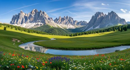 Panoramic view of the Dolomites in spring, Italyの写真素材