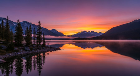 Sunset at Glacier Lake in Glacier National Park, Montana, USAの写真素材