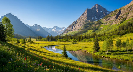 Mountain lake in the alpine meadow. Summer landscape.
