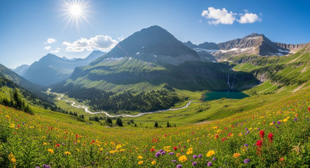 Panoramic view of alpine meadow with wildflowers in summer, Switzerlandの写真素材