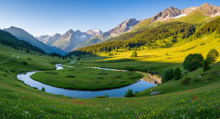 Panoramic view of alpine meadow and mountain lake.の写真素材