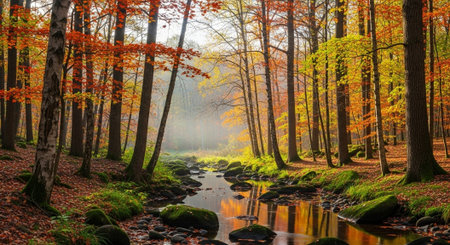 Autumn landscape with a river in the forest. Colorful autumn forestの写真素材