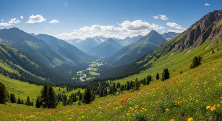 Panoramic view of the alpine meadow with blooming flowersの写真素材