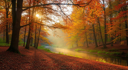 Autumn forest and river in the morning. Beautiful nature landscape.の写真素材