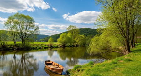 Boat on the river. Spring landscape with forest and river.の写真素材