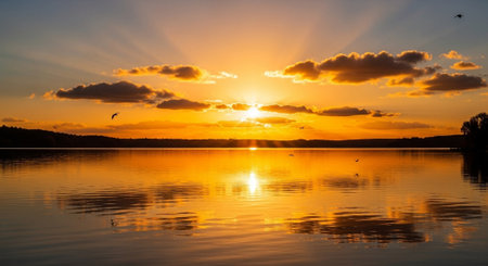Beautiful sunset on the lake. Landscape with lake and skyの写真素材
