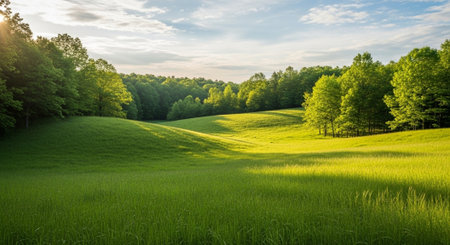 Sunset over green meadow and forest in spring, panoramaの写真素材