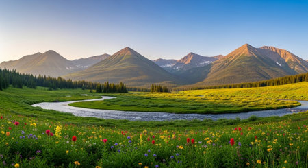 Panoramic view of the alpine meadow with wildflowers.の写真素材