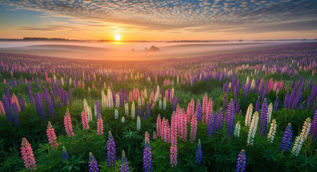 Sunrise over lupine field in summer with fog in the backgroundの写真素材