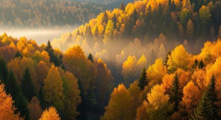 Panoramic view of foggy autumn forest. View from above.の写真素材