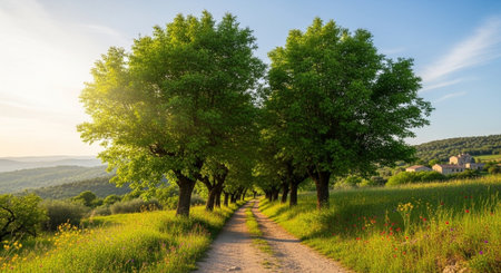 Country road in the countryside with trees and meadow at sunset.の写真素材