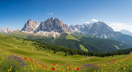Panoramic view of the Dolomites in summer, Italyの写真素材