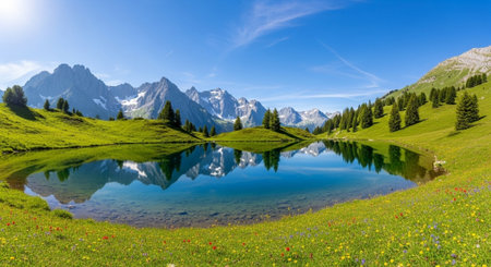 Panoramic view of the alpine lake in the Swiss Alpsの写真素材