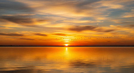 Sunset over the lake with birds flying in the sky, natural backgroundの写真素材
