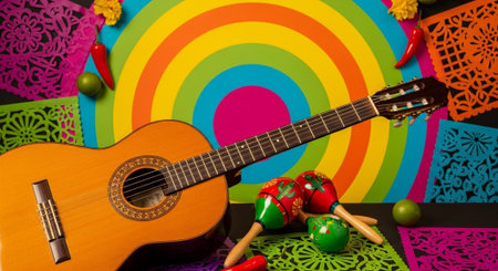 Acoustic guitar and maracas on a colorful background. Copy space.