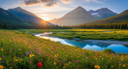 Mountain landscape with wildflowers and a river at sunrise.の写真素材