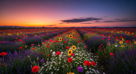 Sunset over a field of poppies and daisies