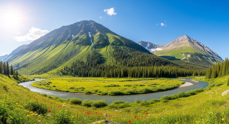 Panoramic view of the mountain river and forest. Summer landscape.の写真素材