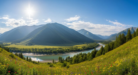panoramic view of the valley and the mountain river. Altai, Siberia, Russiaの写真素材