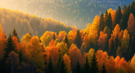 panoramic view of autumnal forest with yellow and red treesの写真素材