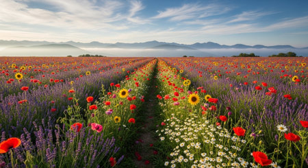 Field of blooming poppies and daisies at sunsetの写真素材