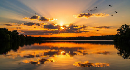 Beautiful sunset on the lake with clouds reflected in the water.