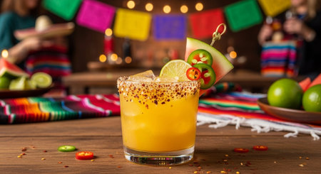 Mexican margarita cocktail with lime and chilli on wooden table