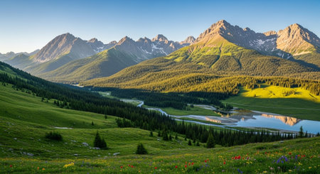 Panoramic view of alpine meadows and lake in the Alps.の写真素材