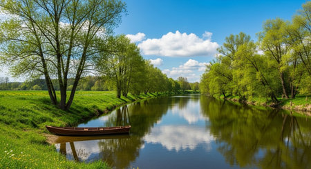 Panoramic view of a small river and a boat on itの写真素材