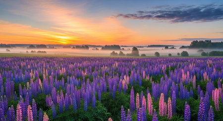 Sunrise over lupine field in summer, Czech Republic.の写真素材