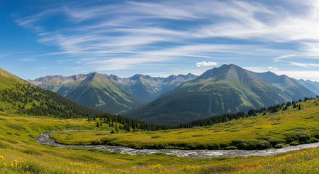 Panoramic view of alpine meadow with wildflowers and mountain streamの写真素材