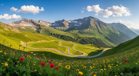 Panoramic view of a mountain road in the Alpsの写真素材
