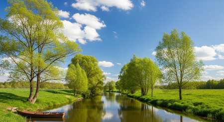 Beautiful spring landscape with river and willow trees on a sunny dayの写真素材