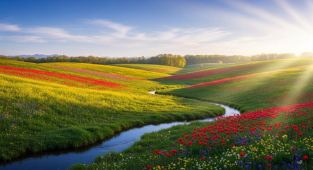 Spring landscape with tulip field and river. Panoramic view.の写真素材