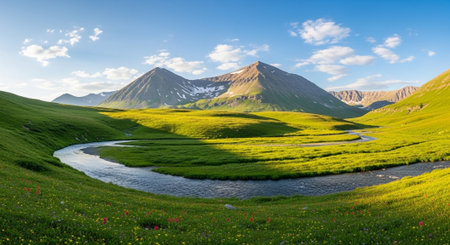 Panoramic view of alpine meadow with blooming flowersの写真素材