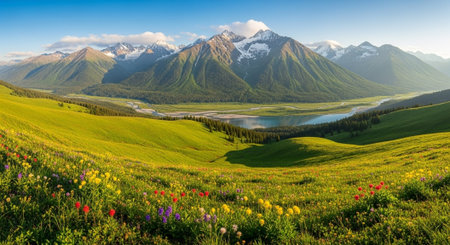 Panoramic view of alpine meadow with blooming wildflowers and mountains in background